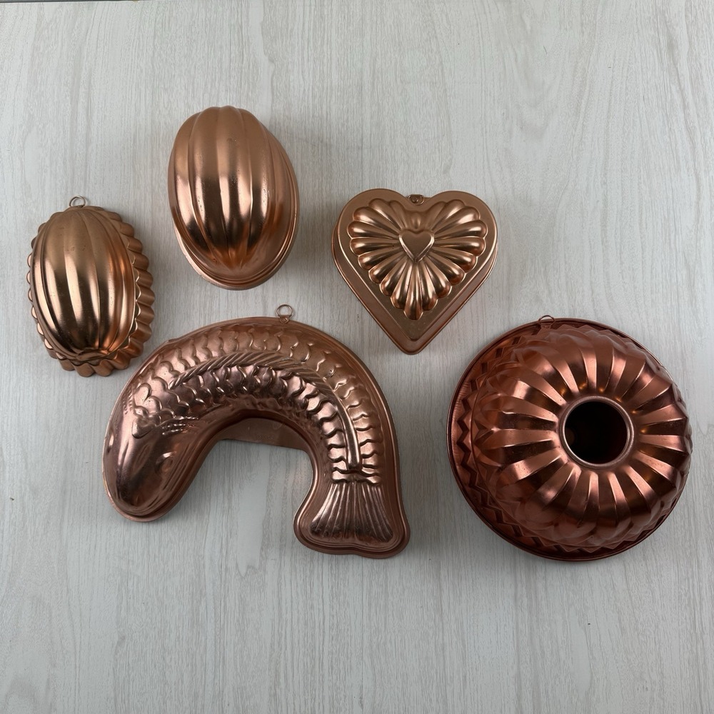 5 Vtg Copper Aluminum Jello Cake‎ Molds Wall Hanging Heart Fish Bunt Oval Melon